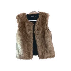 TANMING Camel Plush Faux Fur Vest XS Winter Layer Y2K Style Hook Loop Closure